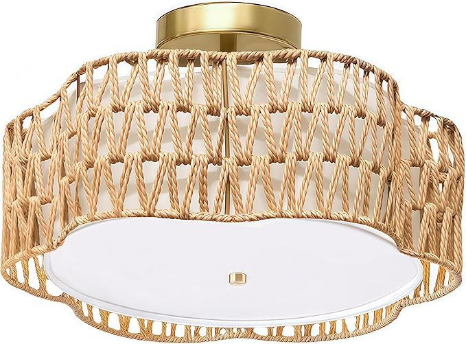 13.4"Rattan Flush Mount Ceiling Light Fixtures,Boho Rattan Chandelier with Drum Fabric Shade,3-Li... | Amazon (US)