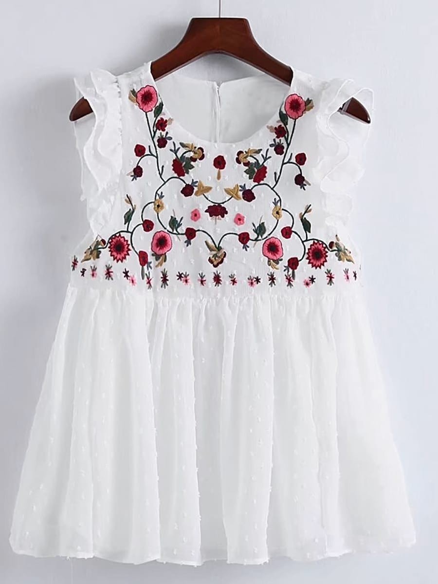 Flower Embroidery Pleated Hem Ruffle Trim Top | SHEIN