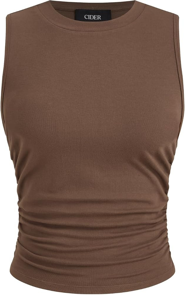 CIDER Womens Tank Tops Sleeveless High Neck Ruched Crop Tops Going Out Casual Basic Ribbed Shirt ... | Amazon (US)