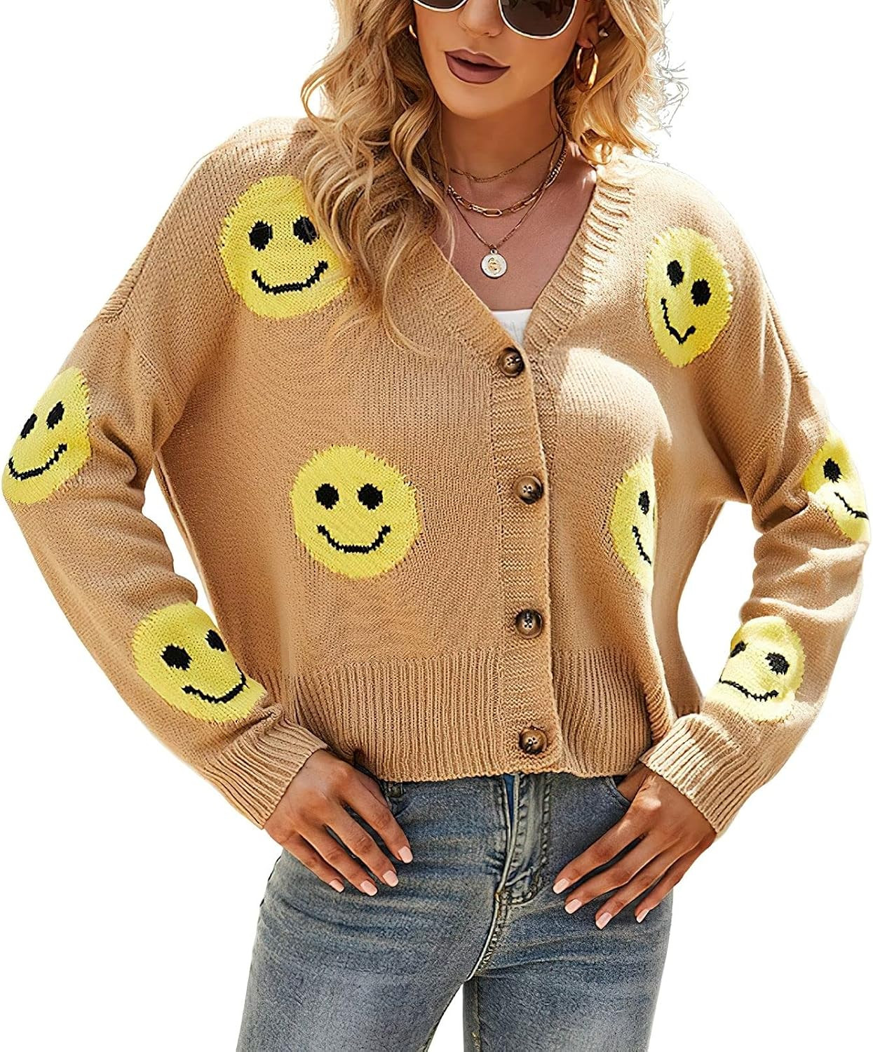 ebossy Womens Ribbed Knit Cardigans Slouchy Cute Smile Graphic Pretty Daisy Button-up Jacquard Knitted Sweater Coat | Amazon (US)