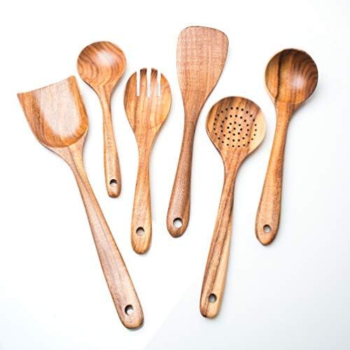 6 PIECE HANDCRAFTED NATURAL TEAK KITCHEN UTENSIL SET - Functionality, elegant luxury & sustainabi... | Amazon (US)