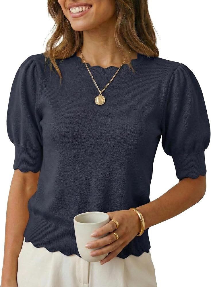 Short Sleeve Sweater for Women Pullover Knit Tops Scalloped Crewneck Puff Sleeve 2026 | Amazon (US)
