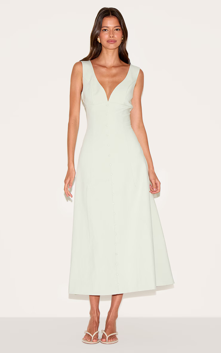 Sage Green Tailored Woven Plunge Down Midi Dress | Dresses | PrettyLittleThing US