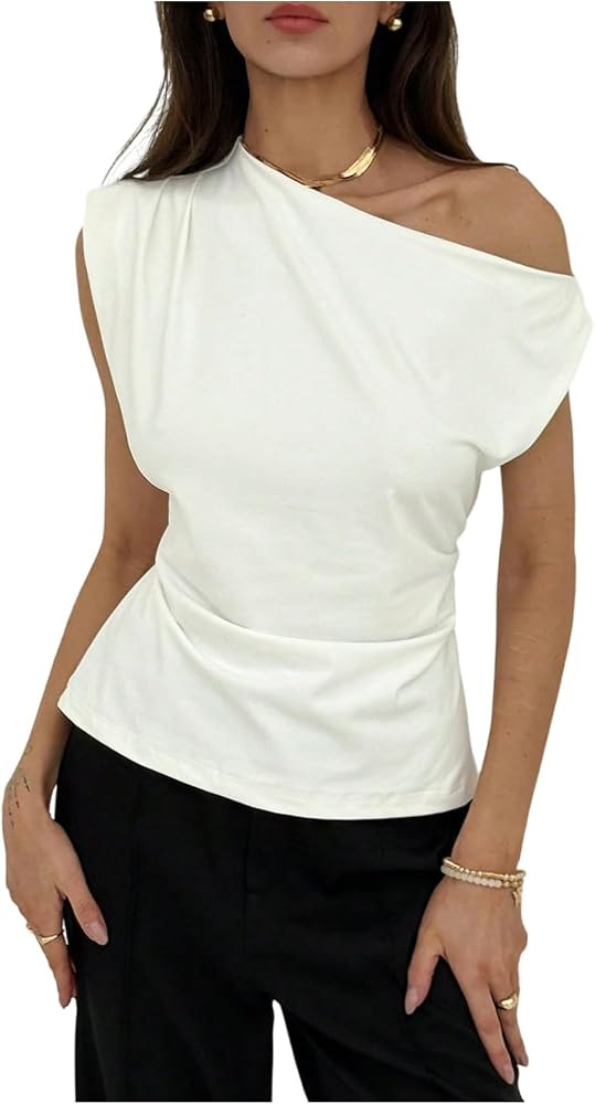 MakeMeChic Camiseta sin mangas con hombros descubiertos y cintura ce\u00f1ida para mujer, con laz... | Amazon (US)