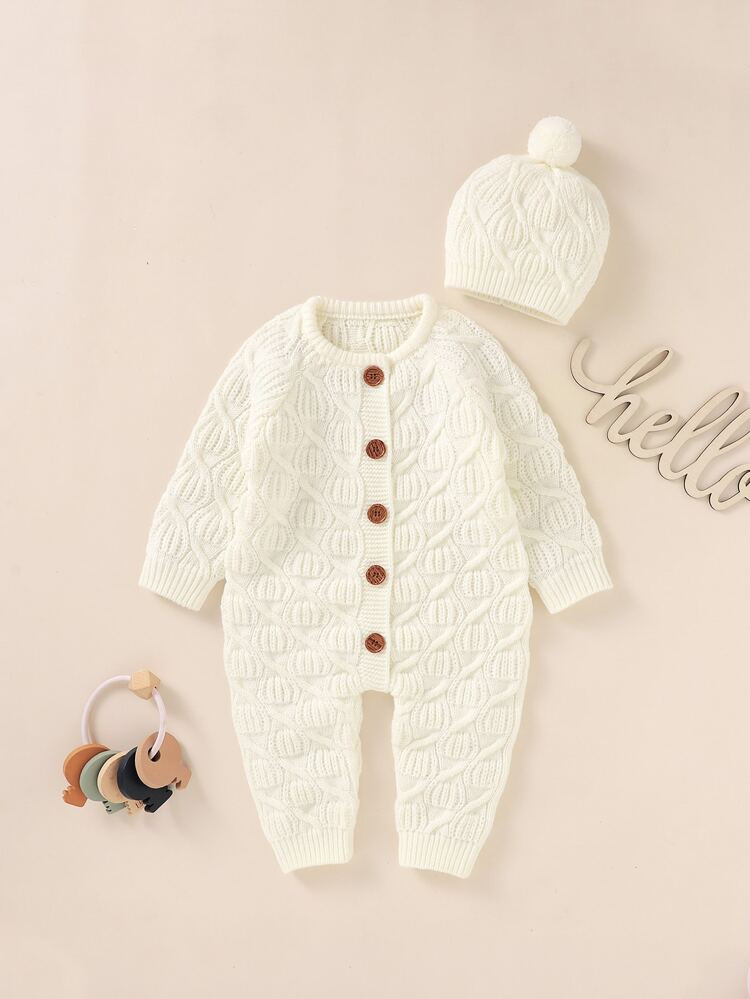Baby Raglan Sleeve Knit Jumpsuit With Hat | SHEIN