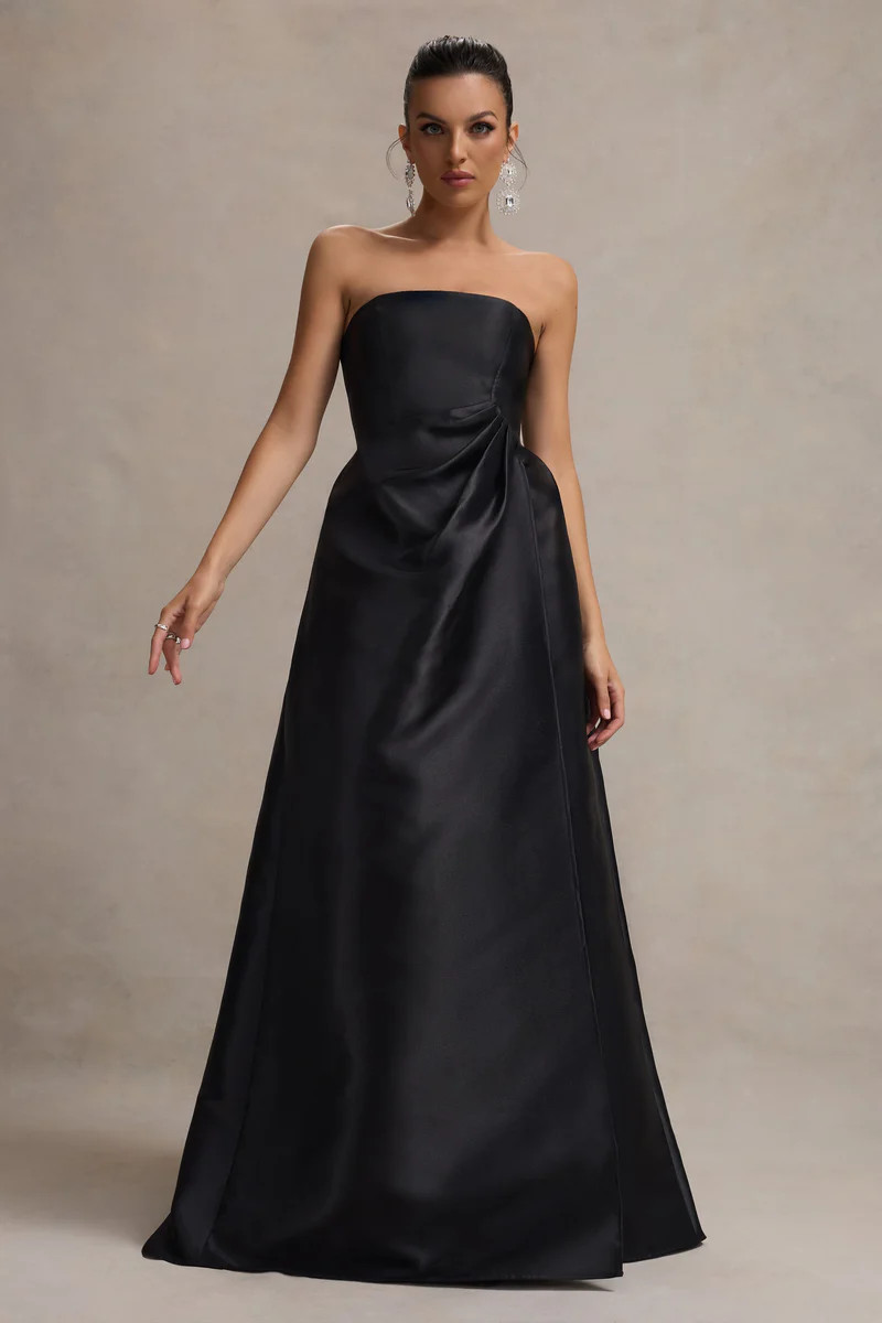 Universe  Black Bandeau Puff-Skirt Split Maxi Dress | Club L London