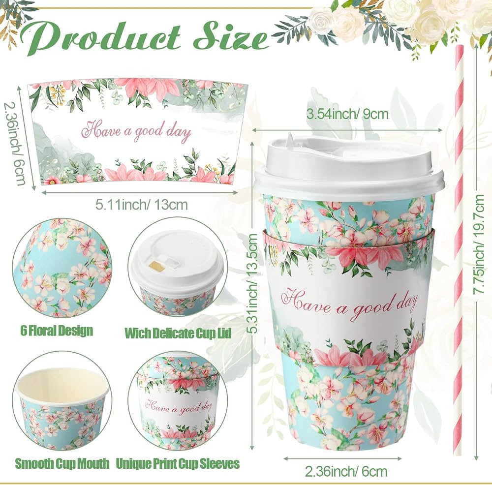 48 Set 16oz Disposable Paper Coffee Cups with Lids Sleeves Straws Holiday Paper Drinking Cups Bul... | Amazon (US)