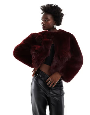 4th & Reckless cropped faux fur pocket detail jacket in burgundy | ASOS (Global)