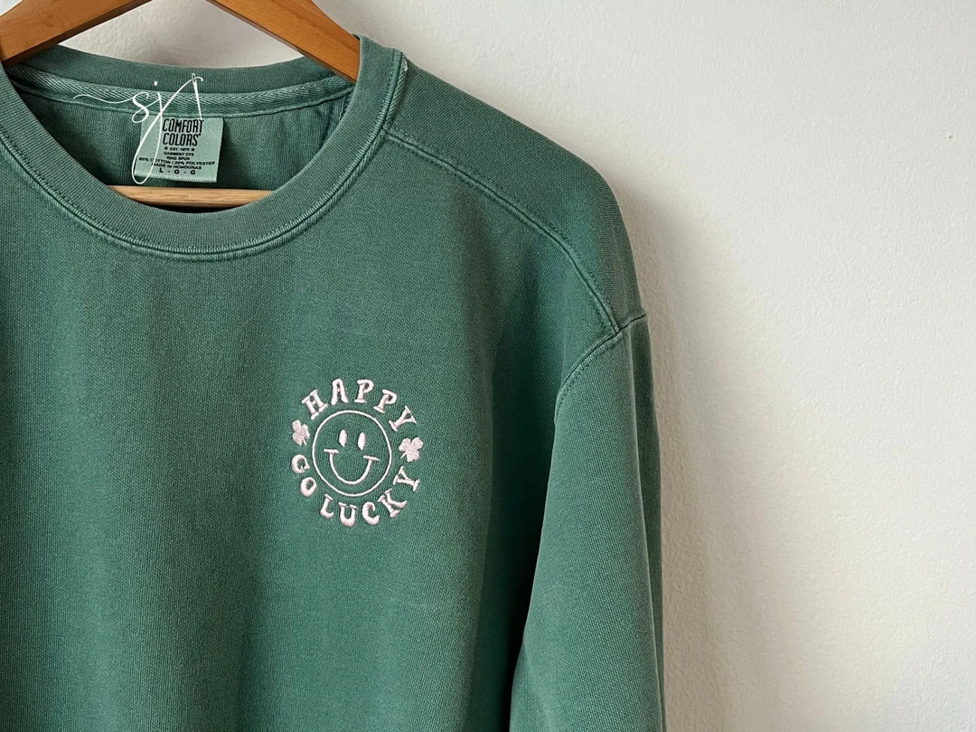 Happy Go Lucky Embroidered Smiley Face, St. Patrick's Day Crewneck Sweatshirt, Irish Green Tshirt... | Etsy (US)