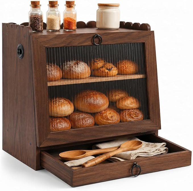 Bread Box for Kitchen Countertop Wooden Double Layer Bread Storage Container Bin Breadbox Holder ... | Amazon (US)
