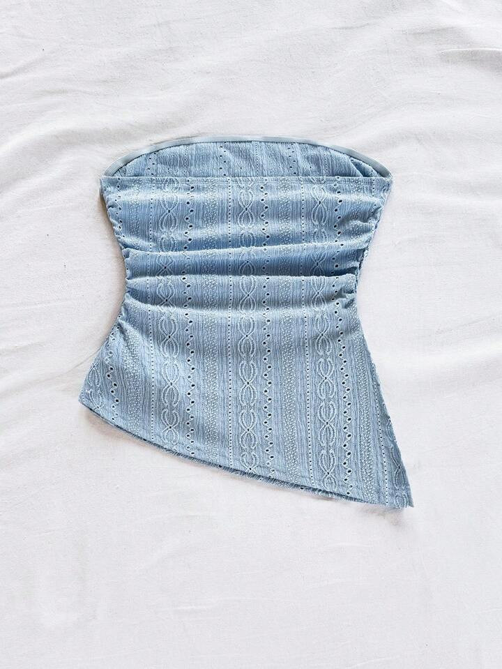 Soleia Women's Vacation Bandeau Top, Vintage Light Blue Textured Asymmetric Hem, Side Slit, Ruche... | SHEIN