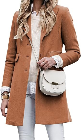 FSHAOES Women Lapel Collar Long Wool Pea Coat Open Front Button Down Slim Solid Casual Overcoat Long | Amazon (US)