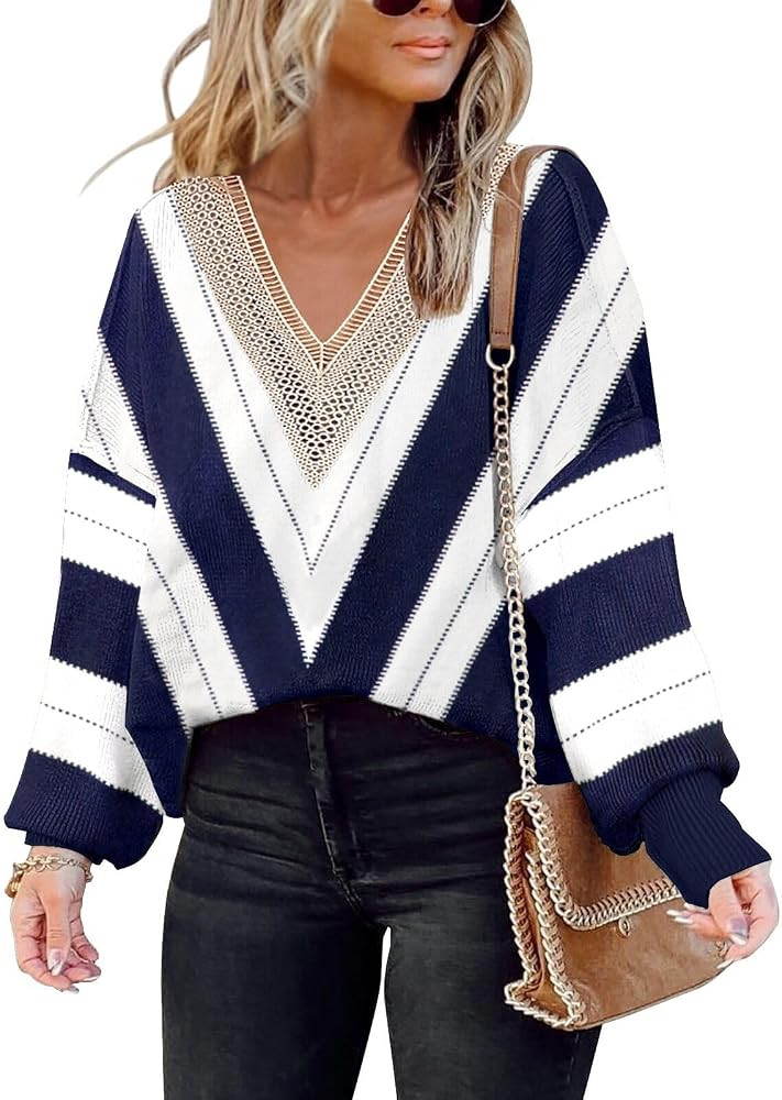 Disamer Women's 2025 Fall Sweaters Trendy Long Sleeve Lace V Neck Color Block Striped Oversized P... | Amazon (US)
