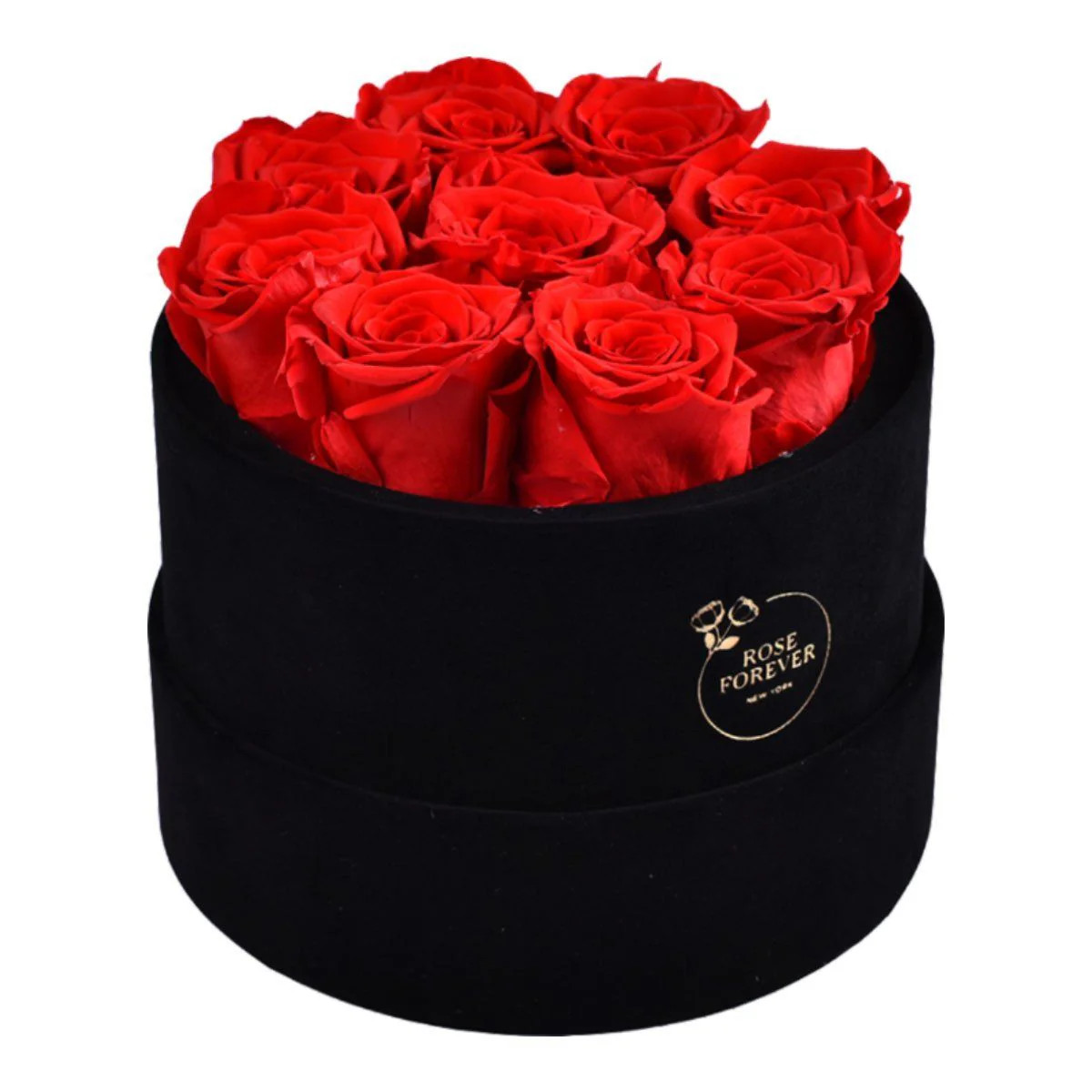 9 Red Roses - Round Black Velvet Box | Rose Forever 