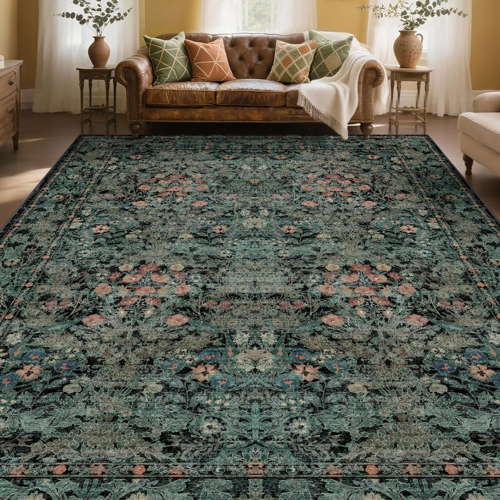 Boho Dark Green Floral Area Rug 8x10 for Living Room, Washable Farmhouse Moody Rug for Bedroom, D... | Amazon (US)