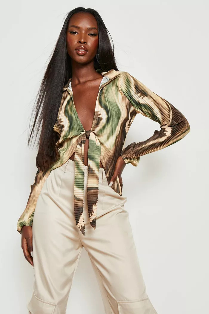 Abstract Plisse Tie Front Blouse | Boohoo.com (US & CA)