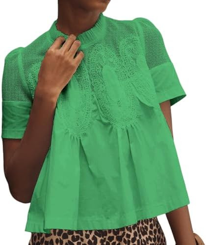 VAOYIU Women Lace-Detail Flared Blouse Short-Sleeve Crew Neck Lace Poplin Mesh Swing Top Elegant ... | Amazon (US)
