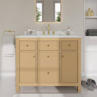 Pendry 42 in. Single Freestanding Tanned Oak Bath Vanity with Giotto Quartz Top Assembled | The Home Depot