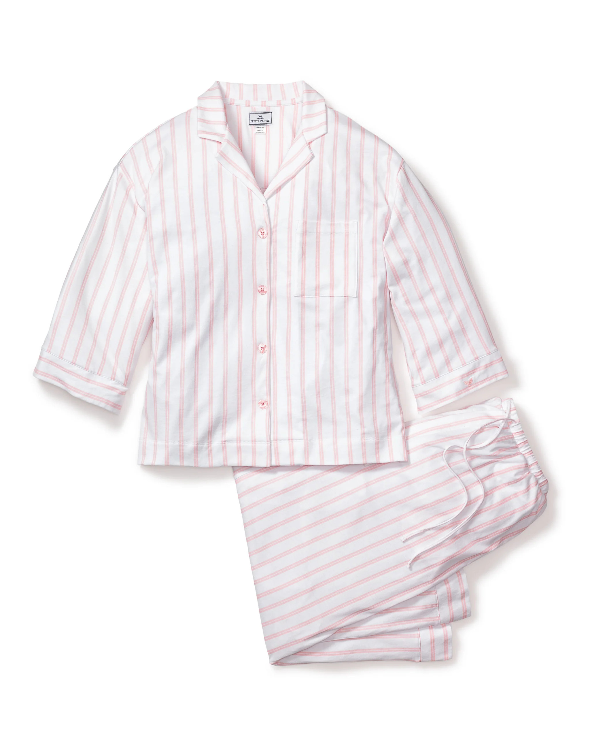 The Olivia Wide Leg Pima Pajama Set in Pink Stripe | Petite Plume