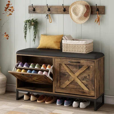 Shoe Storage Bench With Flip Drawers, Coat Rack & Seat Cushion, Entryway Organizer With 5 Metal Hooks & Locking Wall Parts | Wayfair North America