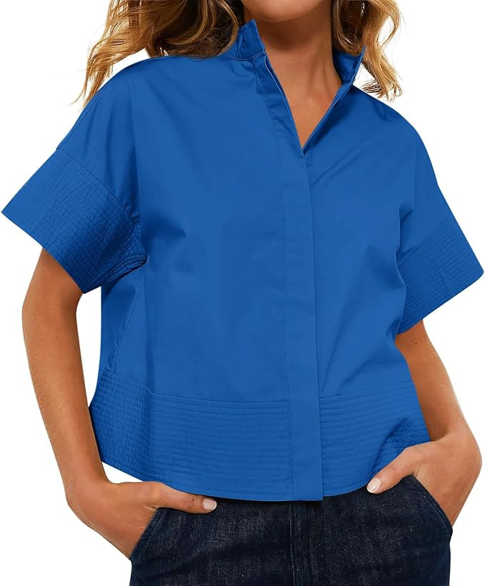 Cicy Bell Womens Cropped Short Sleeve Button Down Shirts Pleated Summer Dressy Casual Blouse Stan... | Amazon (US)
