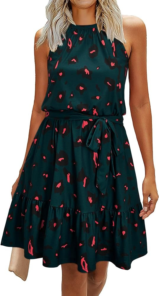 Newshows Womens 2025 Summer Dress Halter Wedding Guest Casual Beach Vacation Outfits Belted Sundr... | Amazon (US)