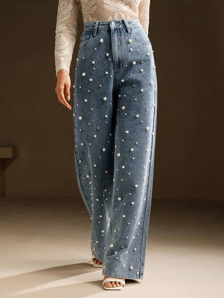 Anewsta Women's High Waist Fashion Pearl Embellished Straight Loose Wide Leg Jeans | SHEIN