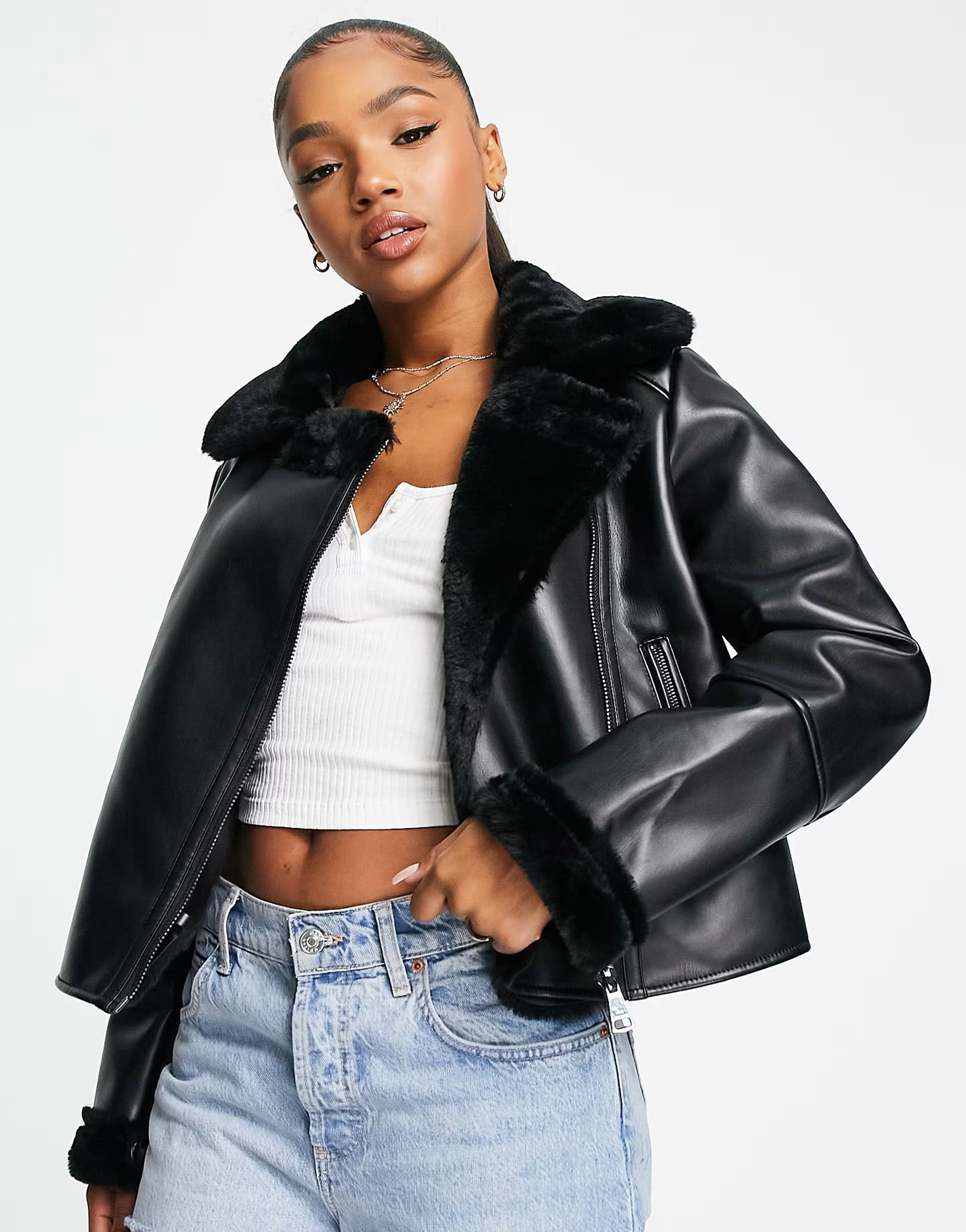 Stradivarius fur trim faux leather biker jacket in black | ASOS (Global)