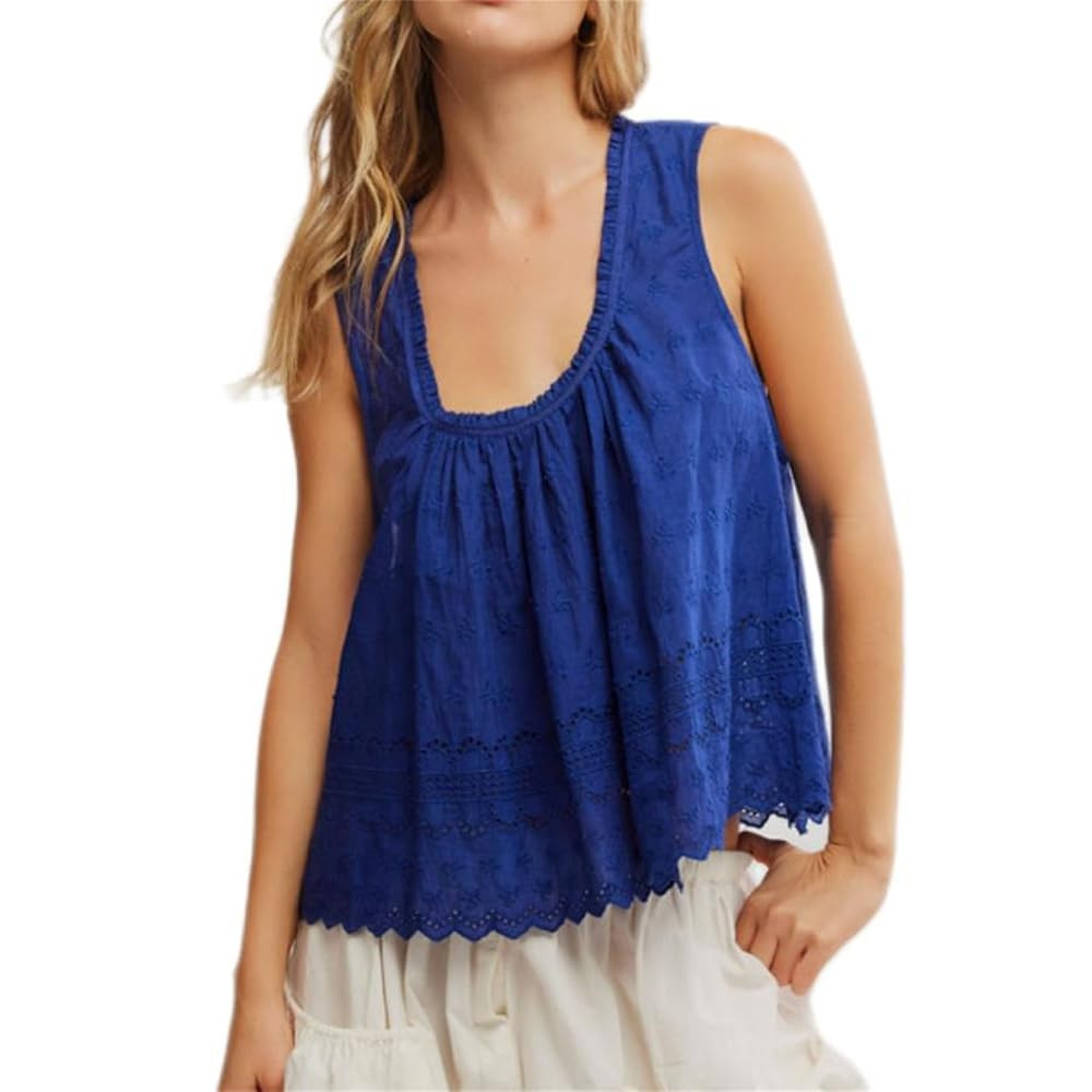 Women Cute Cutout Eyelet Tank Top Fairy Cottagecore Sleeveless Scallop Trim Pleated Peplum Camiso... | Amazon (US)