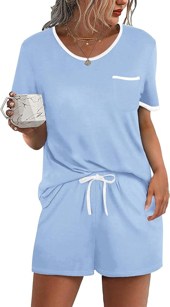 Ekouaer Pajama Set for Women 2 Piece Lounge Set Short Sleeve Tops and Shorts Soft Sleepwear, Ches... | Amazon (US)