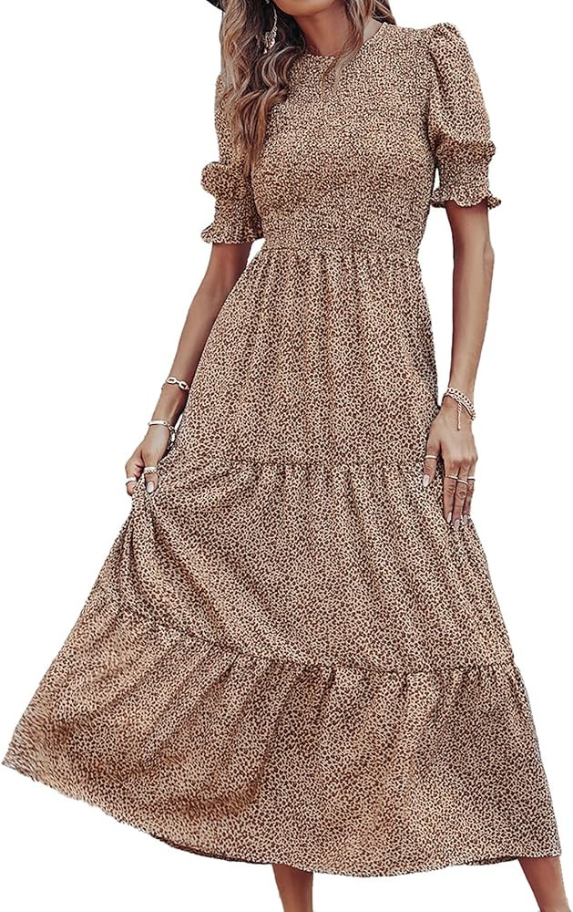 BTFBM Women’s Dresses Crewneck Casual Summer Ruffle Short Sleeve Bohemian Tiered Smocked Long Maxi D | Amazon (US)