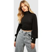 Womens Knitted Turtleneck Neck Puff Sleeve Top - Black - 8 | boohoo (US & Canada)