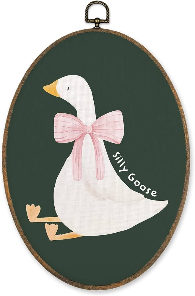 LKETW Coquette Pink Bow Silly Goose Oval Wall Art Decor, Dark Green Goose Oval Canvas Hanging Dec... | Amazon (US)