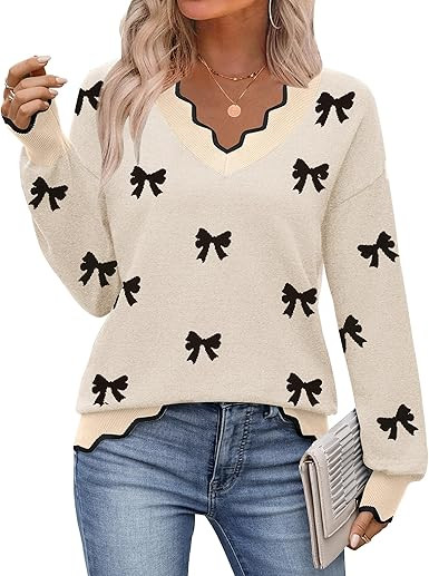 Zeagoo Women's 2025 Fall V Neck Sweater Casual Long Sleeve Ribbed Knit Pullover Sweaters Dressy C... | Amazon (CA)