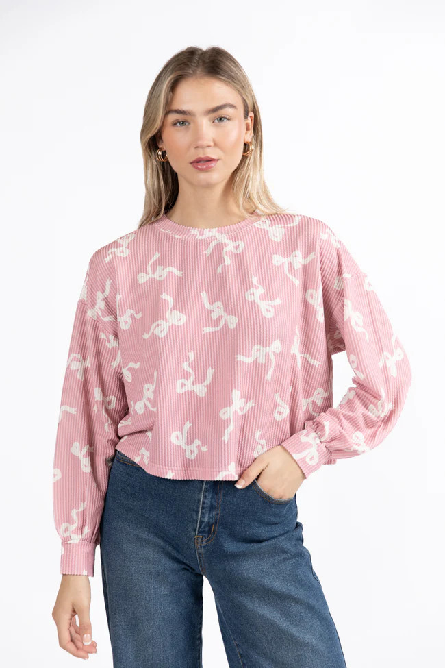 Secret Gardens Pink Bow Ribbed Printed Top | Pink Lily