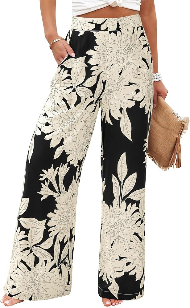 BTFBM Womens Pants 2026 Pockets Boho Printed Elastic Waist Wide Leg Palazzo Pants for Women Work ... | Amazon (US)