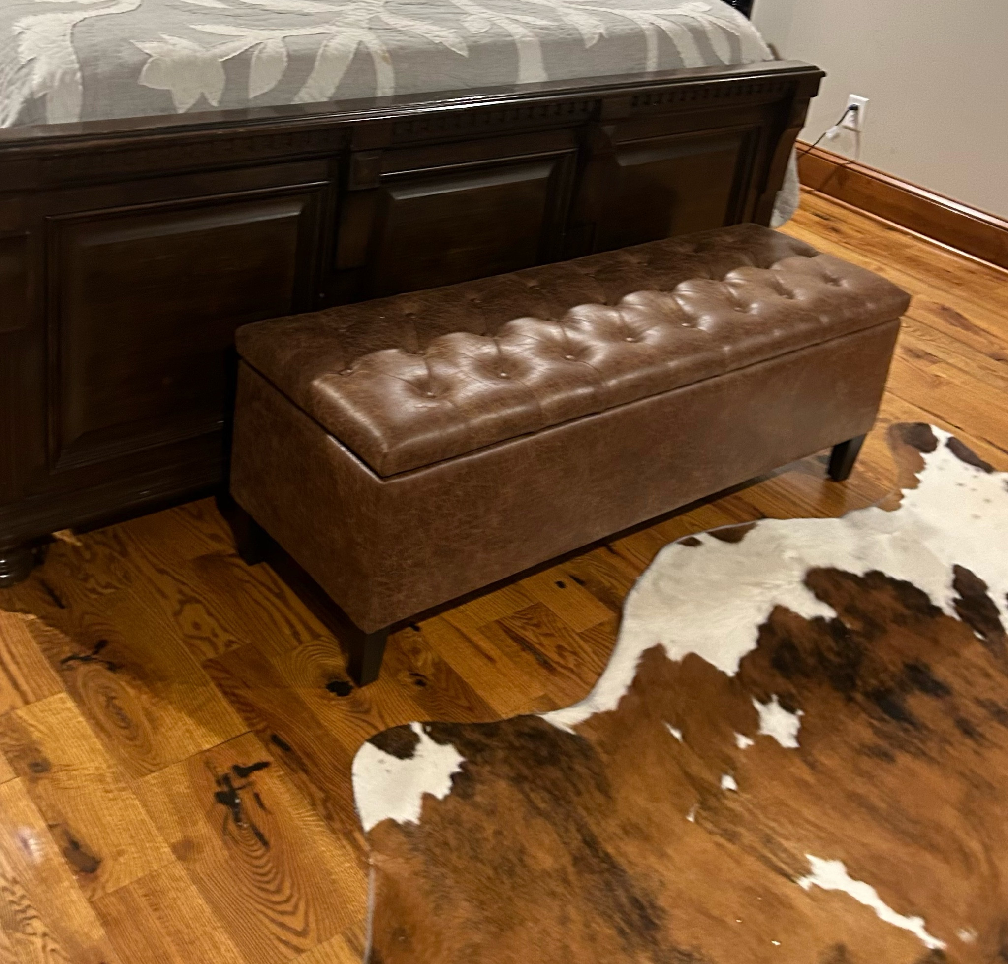 Tufted leather storage bench against king bed + cowhide rug 

Amazon, Target, Spring, Spring fashion, coat, jacket, fur, faux fur, leather, faux leather, Nordstrom, REVOLVE, Saks, Neiman Marcus, Tuckernuck, trend, trending, brown, neutral, fur, feathers, sequin, sparkly, shimmer, festive, tweed, blazer, formalwear, black tie, wedding guest dress, party dress, black dress, style tip, metallic, heels, chocolate brown, teddy, shearling, jeans, gifts for her, bow, athletic apparel, loungewear, athleisure, jeans, denim, spring dress, spring break, warm weather clothing, trends, resort wear, maternity, baby shower, wedding shower, Valentine’s Day, date night, work outfit, vacation outfit, swim, spring outfit, winter outfit, gift idea, bag, purse, Larroude, platform sandals, sandals, platforms, spring outfits, linen, vacation, vacation outfit, home, coffee table, jeans, date night outfit, work outfit, summer, dupe, home, decor, rug, buffet, mirror, light, sconces, books, frame, coffee table, Arhaus, Pottery Barn, Annie Selke, Dash and Albert, light fixtures, chandelier, dining room table, inspo, modern, rustic, farmhouse, Mexico, beach trip, Farm Rio, gold, pearl, suede, leather, earrings, necklace, jewelry, gifts, Easter, accessories, fitness, joggers, casual, athletic, athleisure, travel 

#LTKfamily #LTKhome #LTKSpringSale
