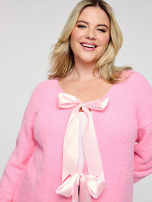 Fluffy Ribbon Bowtie Knit Cardigan | Bloomchic