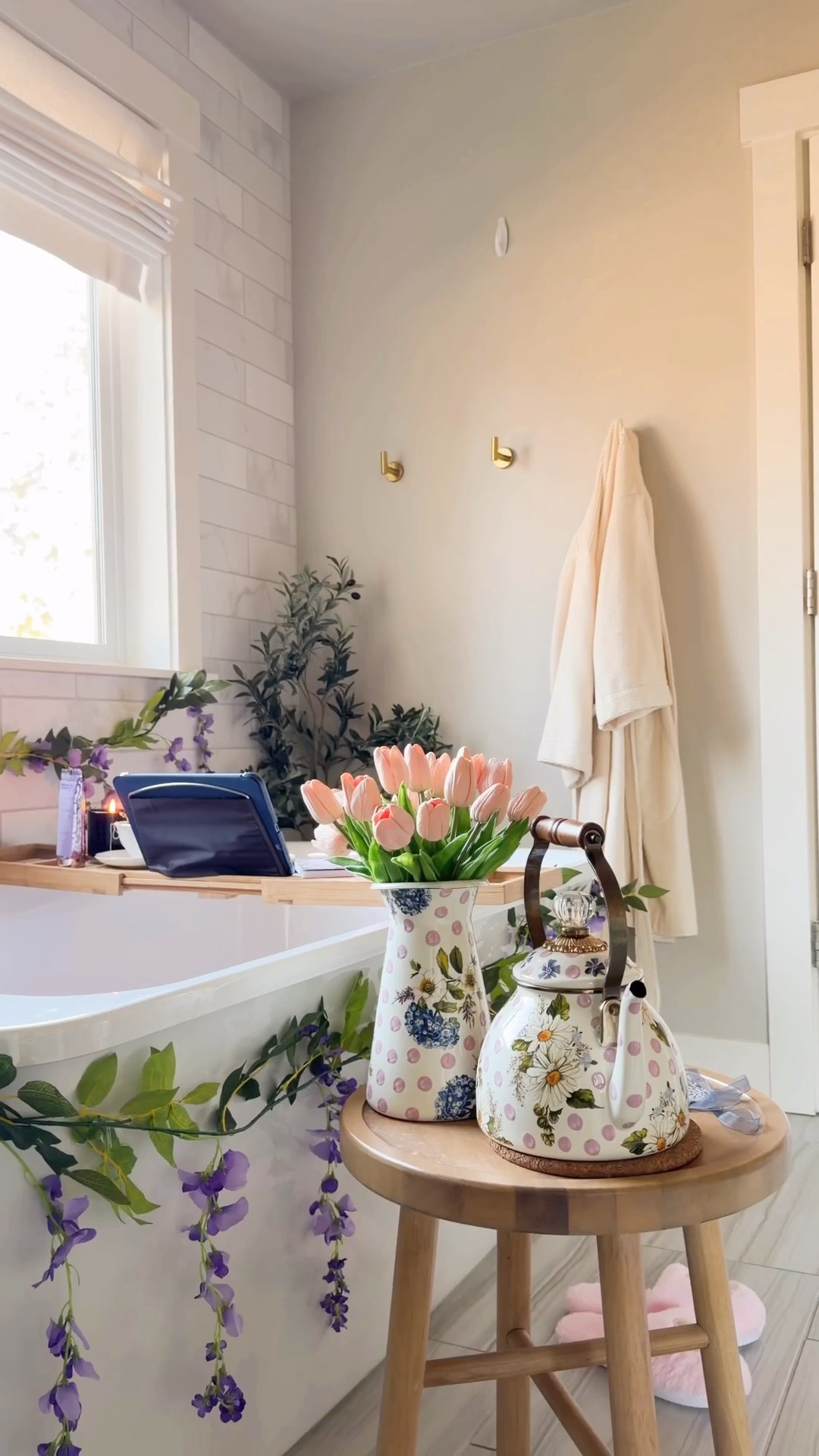 Dearest Gentle Reader ✨ Consider this your formal invitation to indulge in a most luxurious, Bridgerton inspired bath with hot tea, face masks, and of course Bridgerton playing 😂🎻🎩 Has everyone finished Season 4 yet?! I loved it, especially with an Asian lead! And that bathtub scene…whew 🫣🥵

Bridgerton bath, bathroom decor, Tulips, Mackenzie childs pitcher amd tea kettle, bathtub tray, tea sets, cuos and saucer, pens, candle, face mask, spoon set, lace gloves 

#LTKHome #LTKSeasonal #LTKselfcare