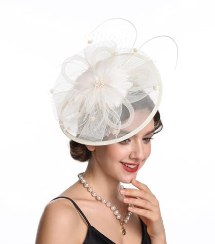 KERITANE Fascinators Hat Tea Party Vintage Feather Fascinator with a Headband and a Clip for Girls and Women (US, Alpha, Medium, N1-Cream) | Amazon (US)