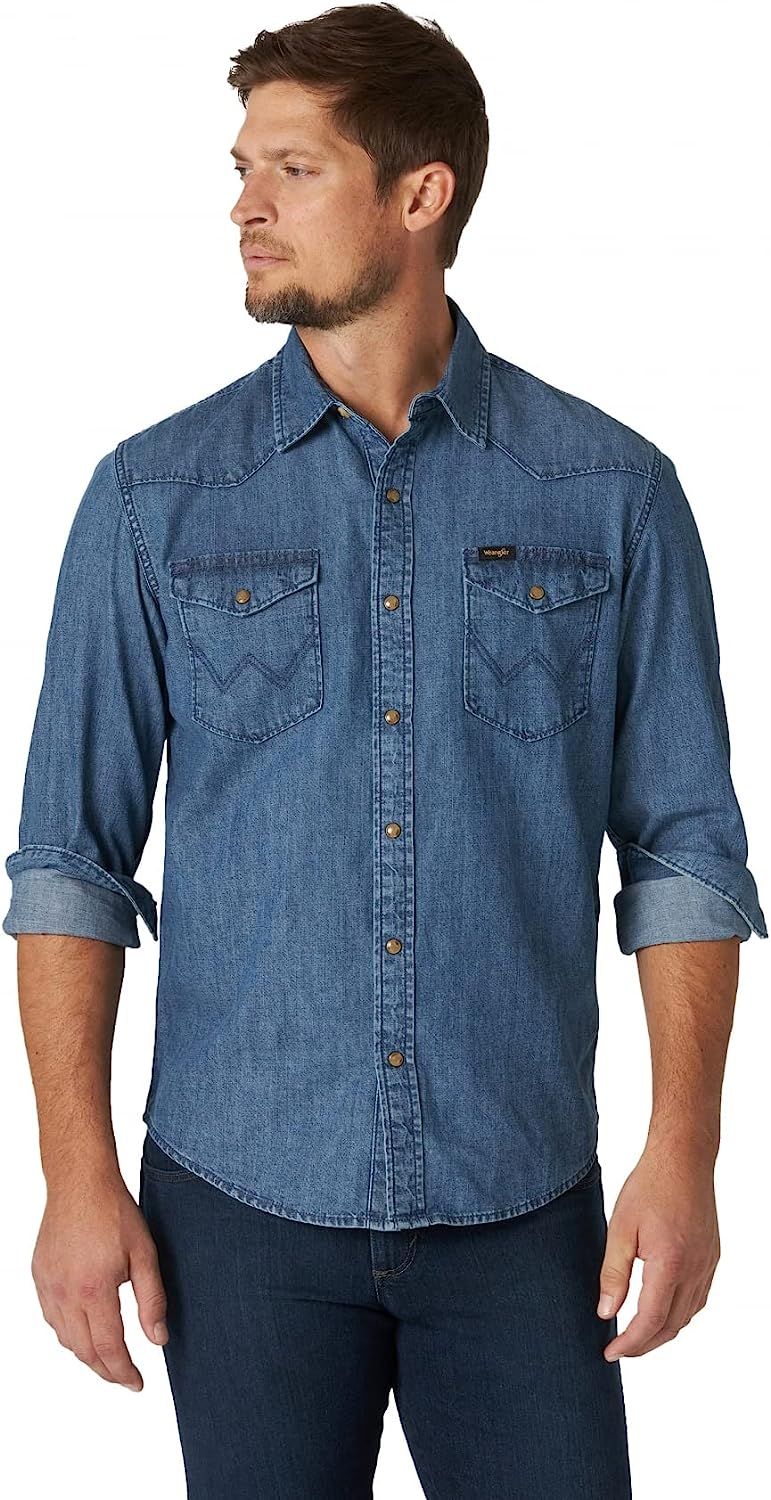 Wrangler Men's Iconic Denim Regular Fit Snap Shirt | Amazon (US)