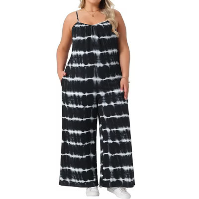 Agnes Orinda Women's Plus Size Tie-Dye Adjustable Strap Sleeveless Stretchy Wide Leg Summer Casual Jumpsuit Black 4X | Target