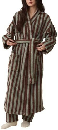 Women's Fuzzy Fleece Long Robe Striped Plush Kimono Warm Thick Fluffy Oversized V Neck Loungewear... | Amazon (US)