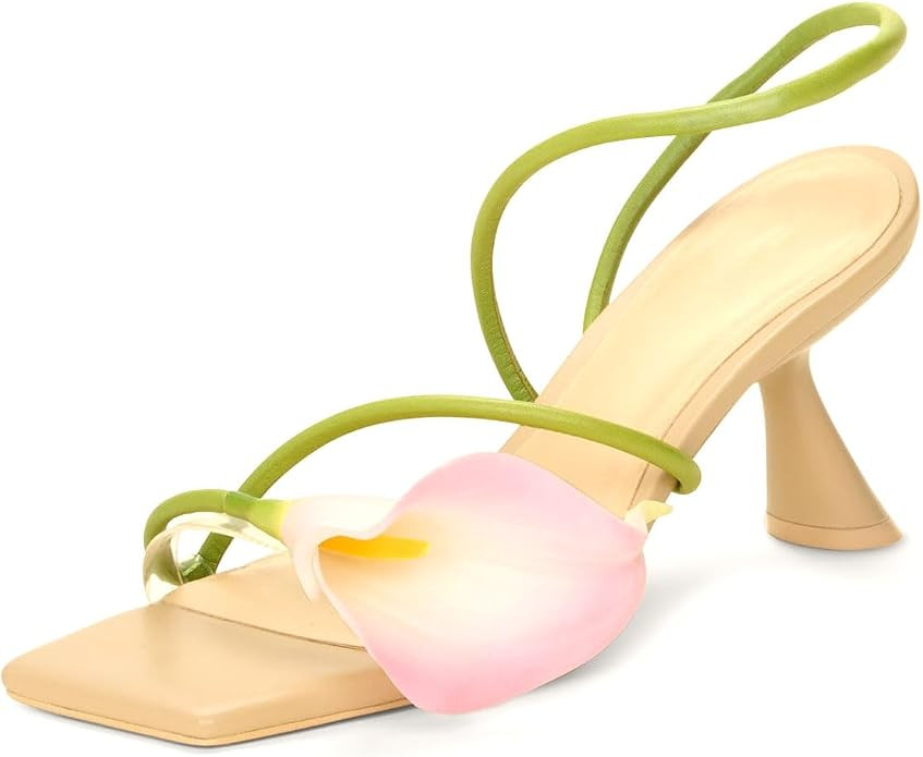 Women’s Floral Kitten heels Open Square Toe Calla Lily Strappy Heeled Dress Sandals Summer Wedd... | Amazon (US)