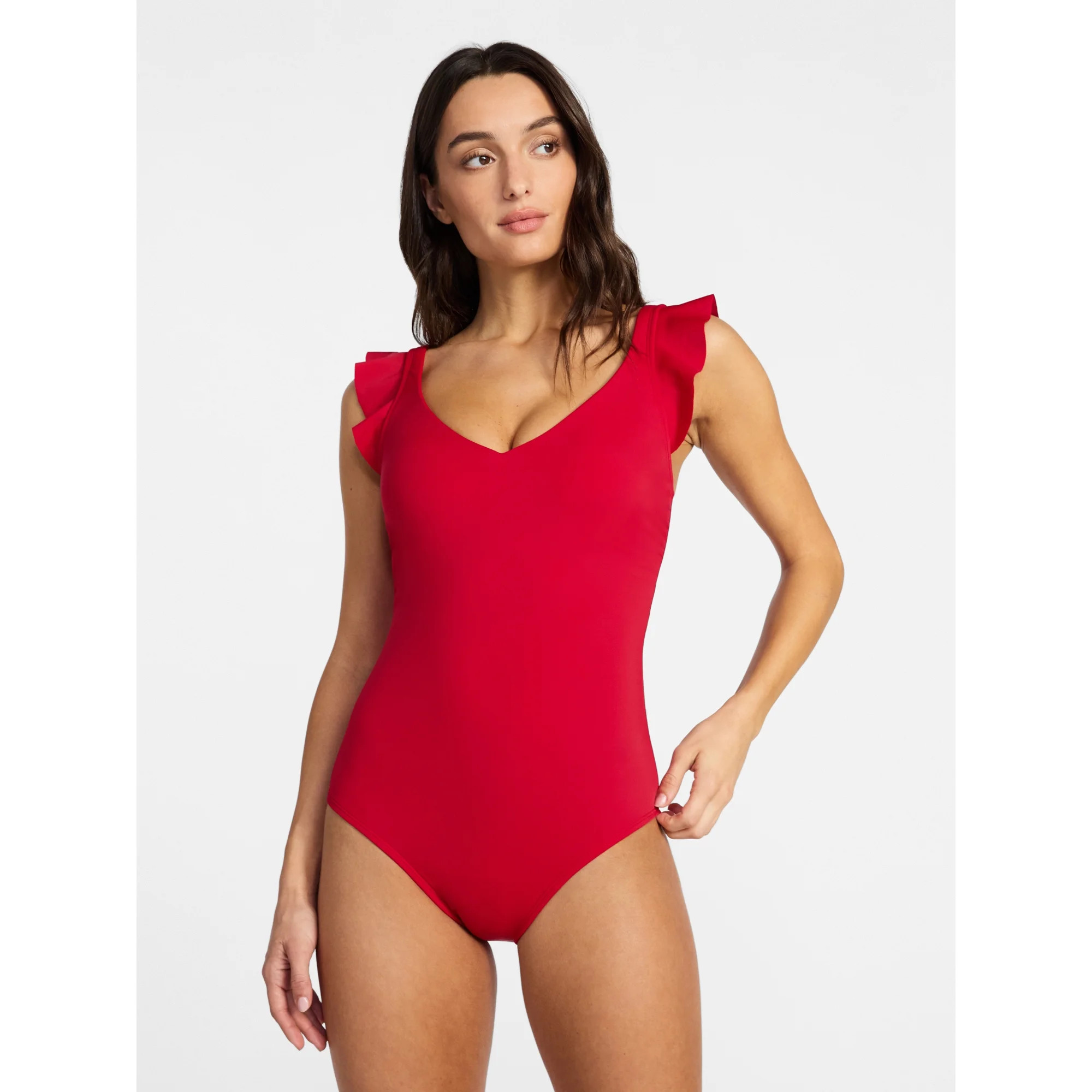 Time and Tru Women's and Women's Plus Size Ruffle Strap One Piece Swimsuit, Sizes XS-3X | Walmart (US)