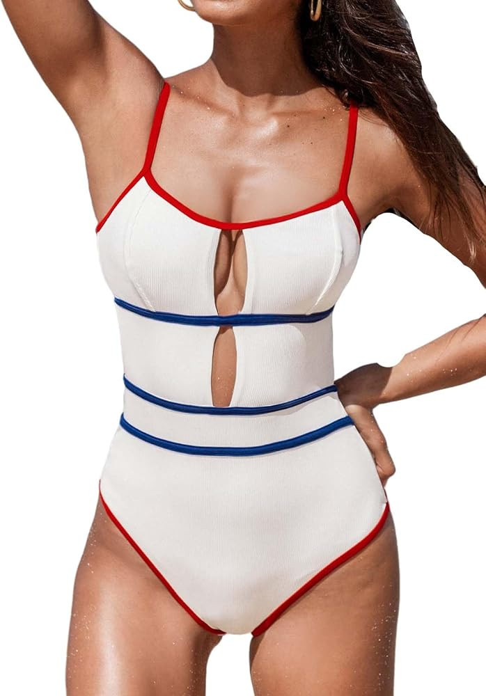 CUPSHE Women's One Piece Swimsuit Scoop Neck Adjustable Straps Cutout Back Self Tie Bathing Suit | Amazon (US)