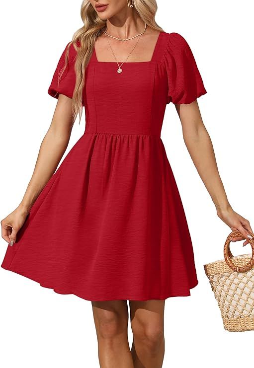 Women Puff Sleeve Square Neck Tie in Back Dresses with Zipper | Amazon (US)