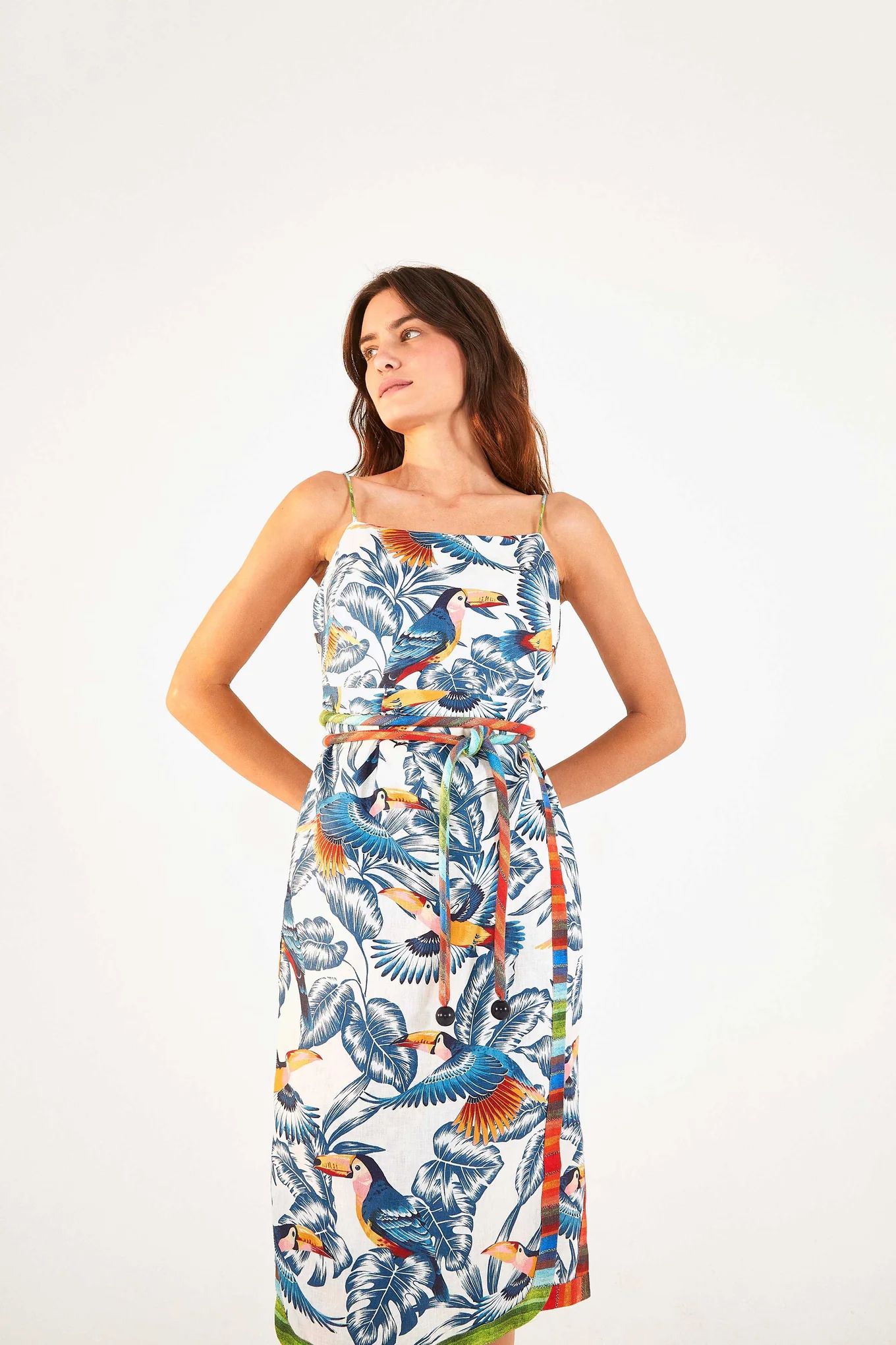 flying toucans open back midi dress | FarmRio