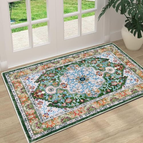 U'Artlines Washable Boho Area Rug, 2x3 Small Soft Non Slip Vintage Doormat for Indoor Front Door Green Mat Carpet for Entryway Kitchen Bathroom Bedroom | Amazon (US)