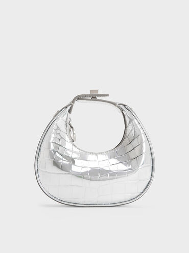 Mini Croc-Effect Metallic Moon Bag
 - Silver | Charles & Keith UK